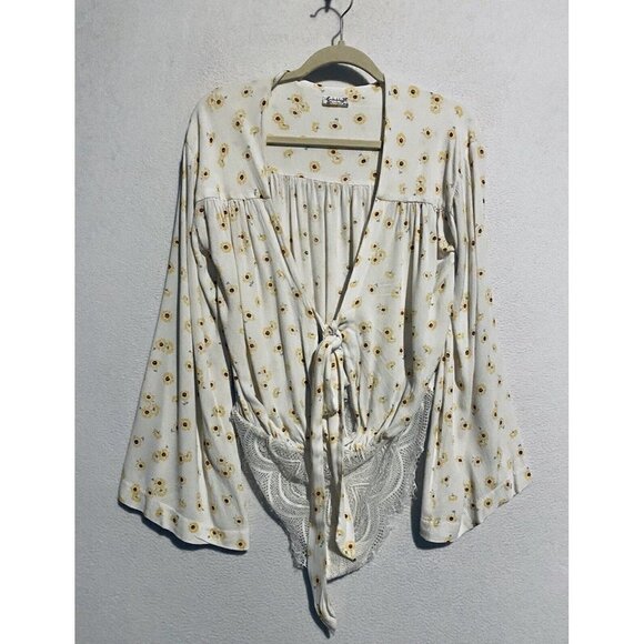 Free People Top Womens Medium White Yellow Floral Bodysuit Bell Sleeve Boho - Picture 2 of 13